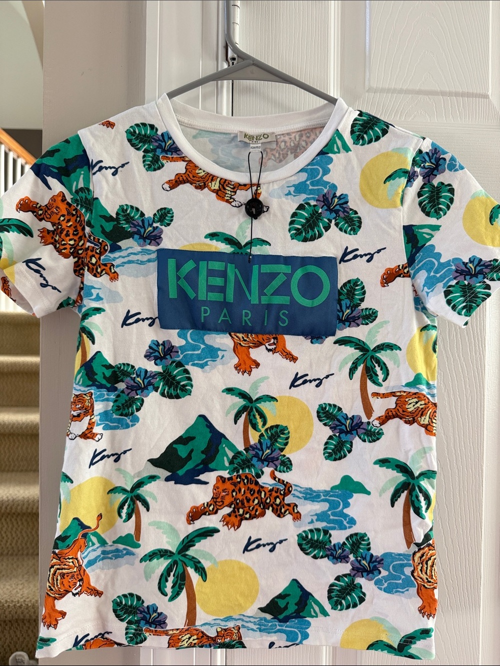 Kenzo Kids White Tee with Tropical Tiger and Bold Blue Logo
